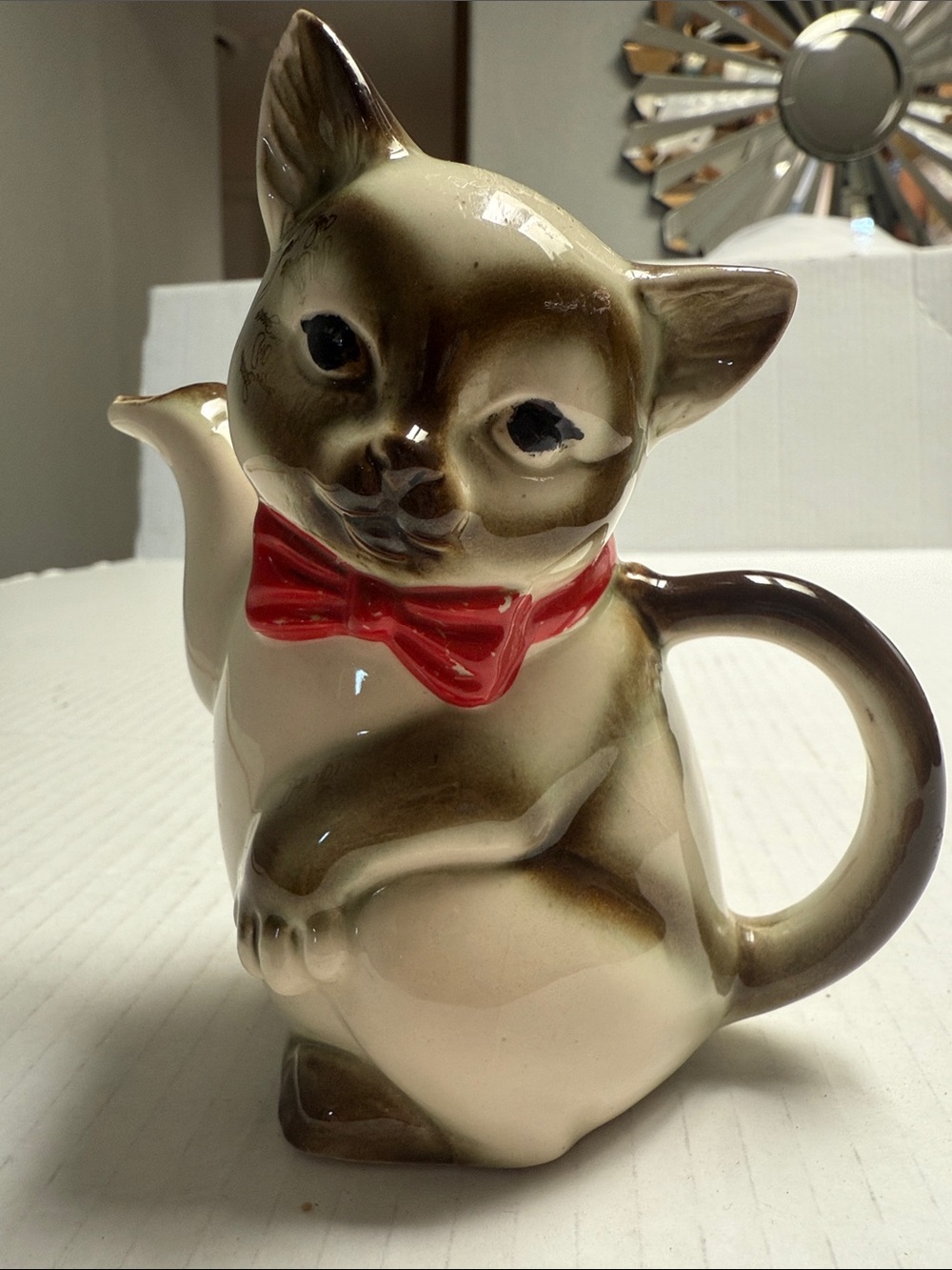 Vintage Ceramic Cat Pitcher with Red Bow